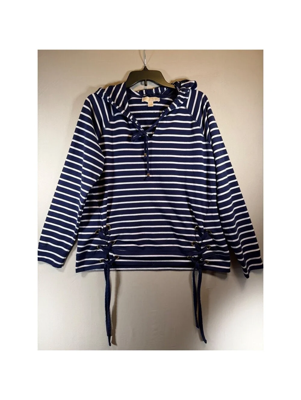 Michael Michael Kors Navy White Striped Lace Up Side Hoodie Sweatshirt Large